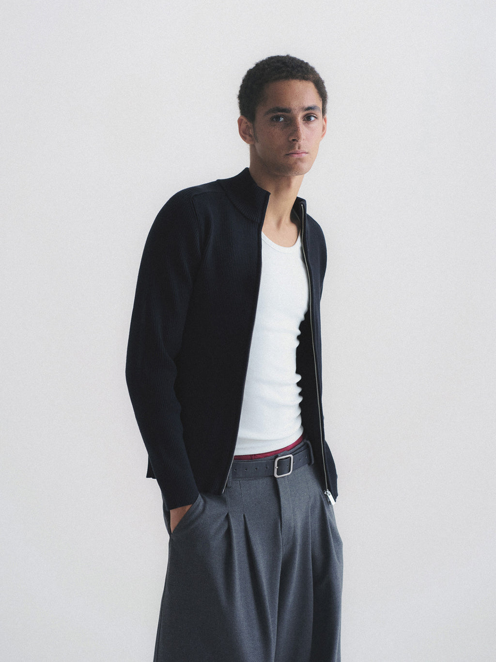 Thread | Ribbed Fitted Zip-Up Knit Cardigan