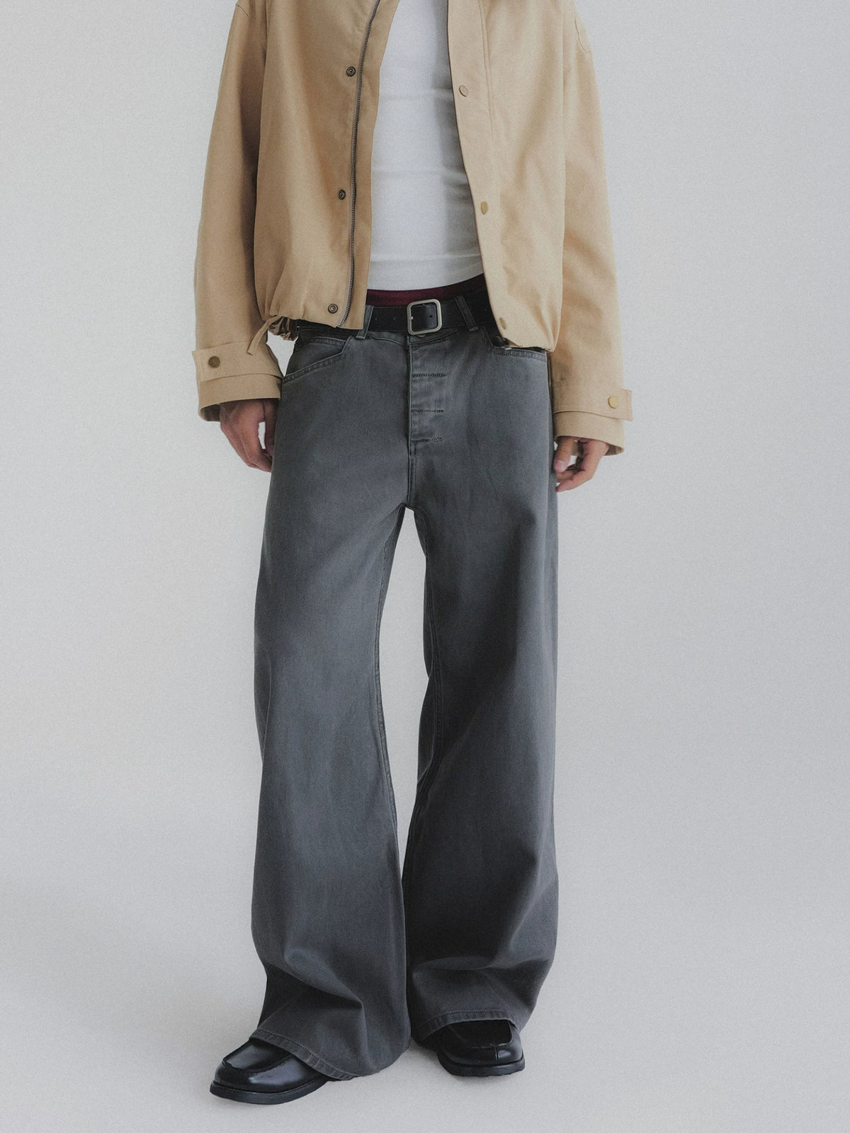 Faded Wash Button Fly Wide Straight Jeans