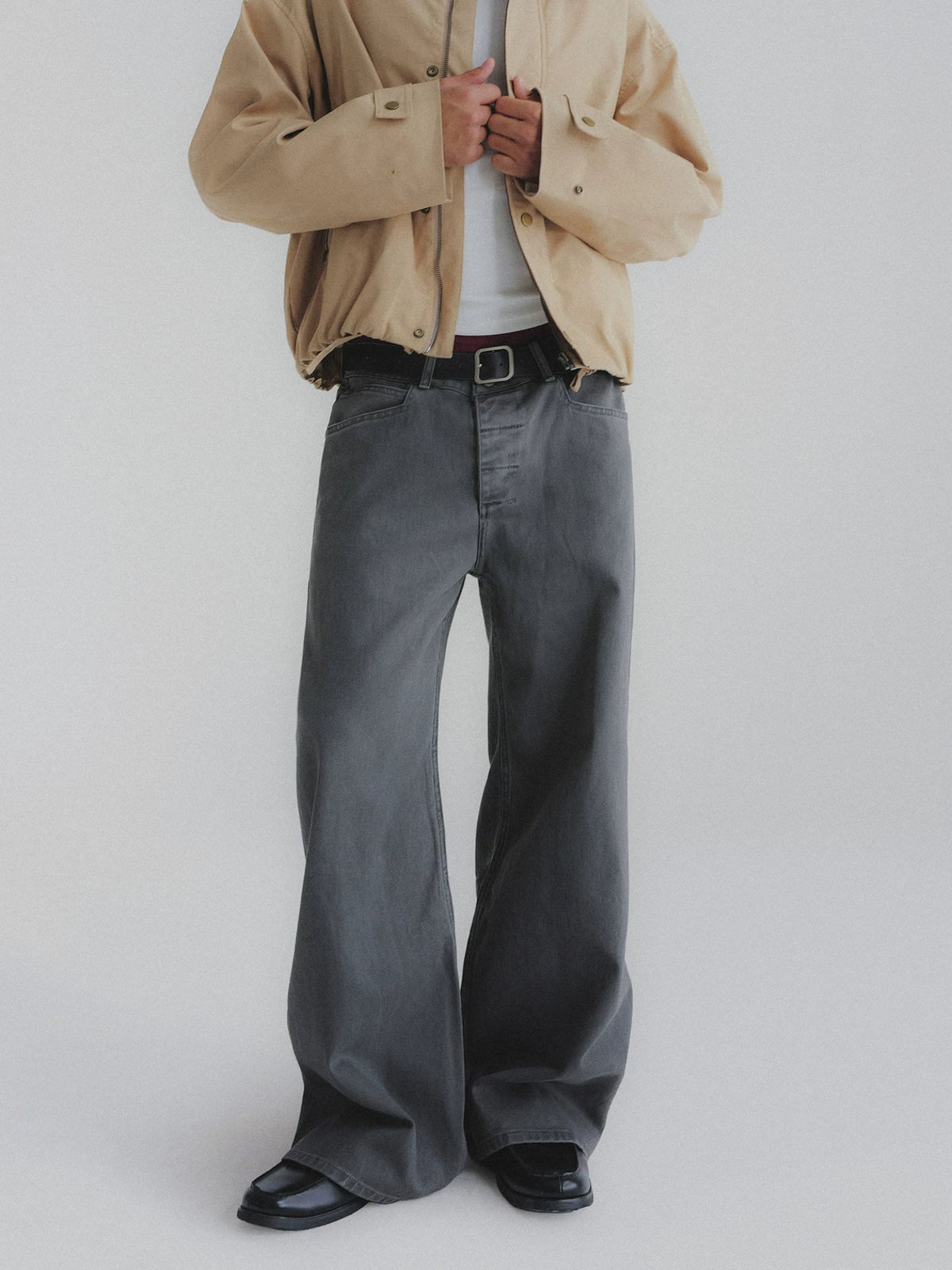 Faded Wash Button Fly Wide Straight Jeans