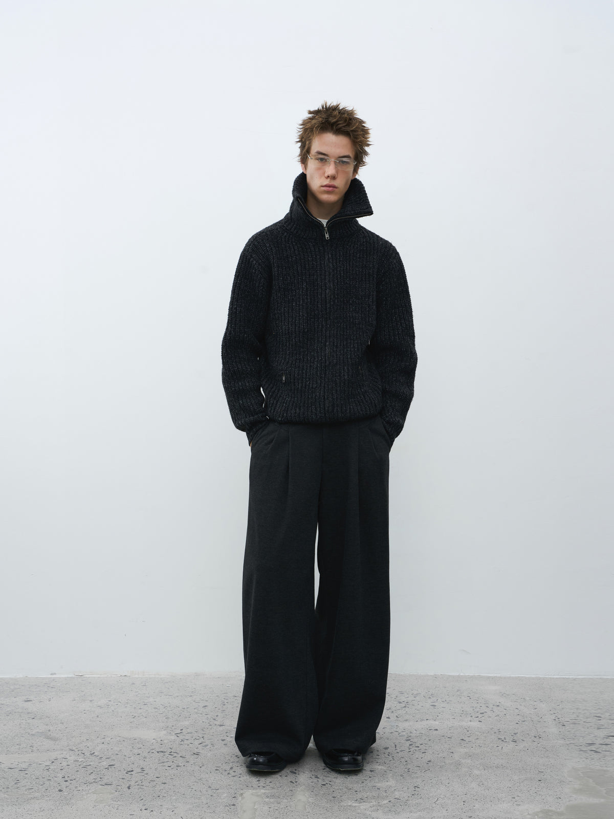 Wool-Blend Acetate Wide Leg Trousers