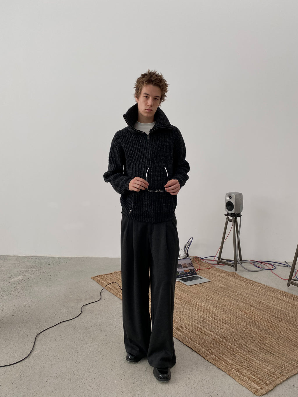 Wool-Blend Acetate Wide Leg Trousers