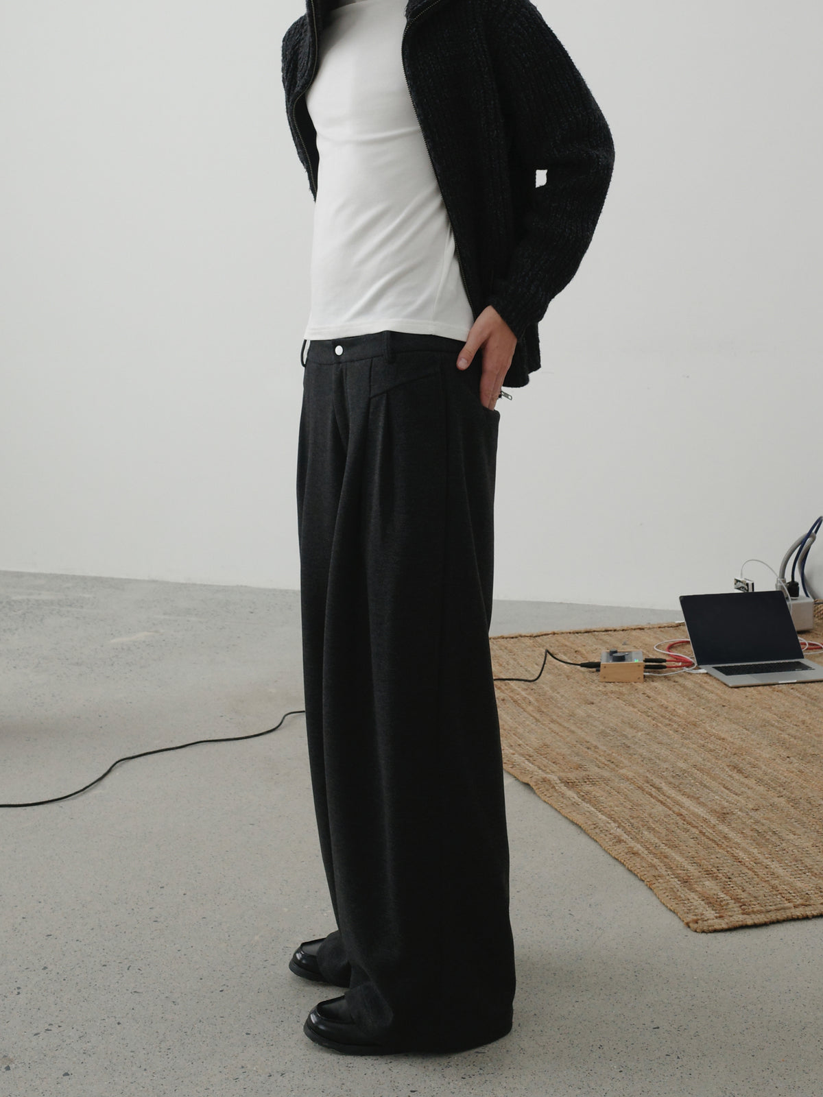 Wool-Blend Acetate Wide Leg Trousers
