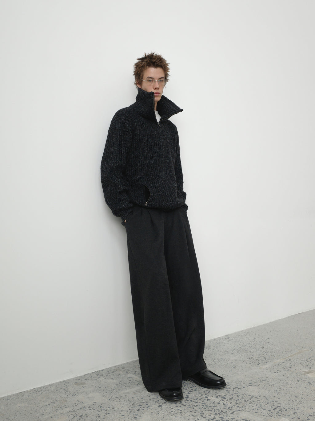 Wool-Blend Acetate Wide Leg Trousers