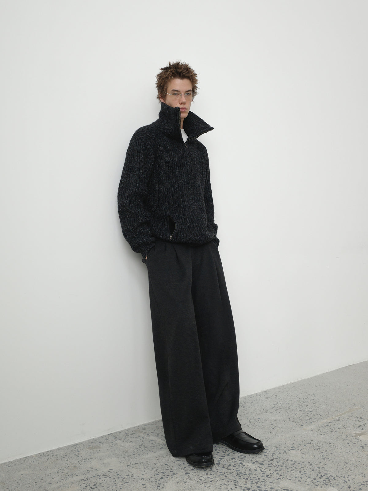 Wool-Blend Acetate Wide Leg Trousers