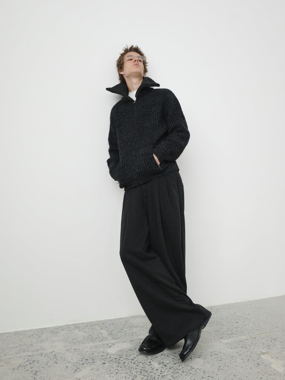 Wool-Blend Acetate Wide Leg Trousers