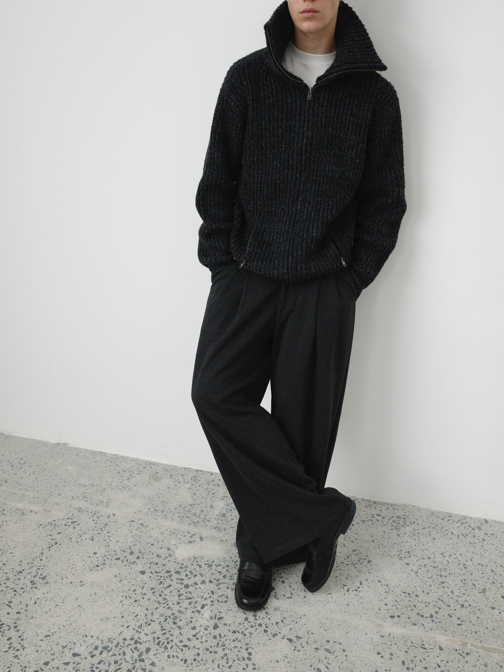 Wool-Blend Acetate Wide Leg Trousers
