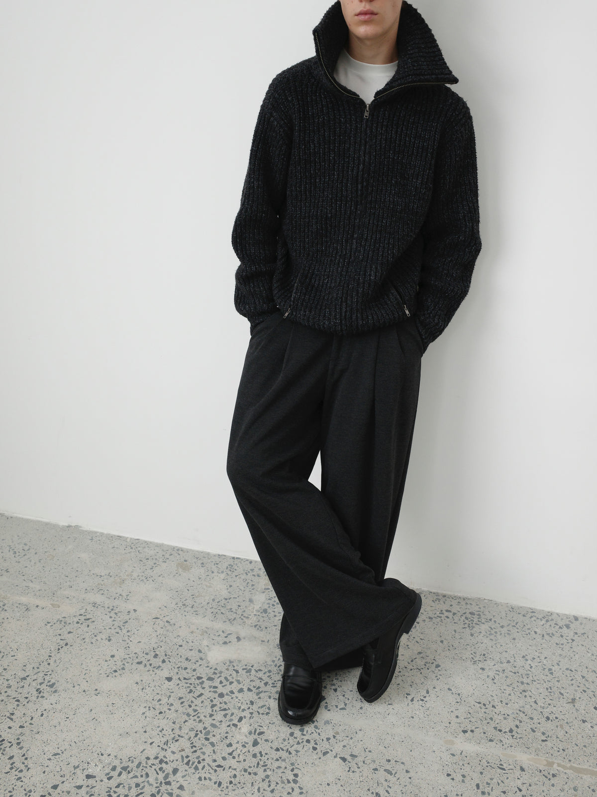 Wool-Blend Acetate Wide Leg Trousers