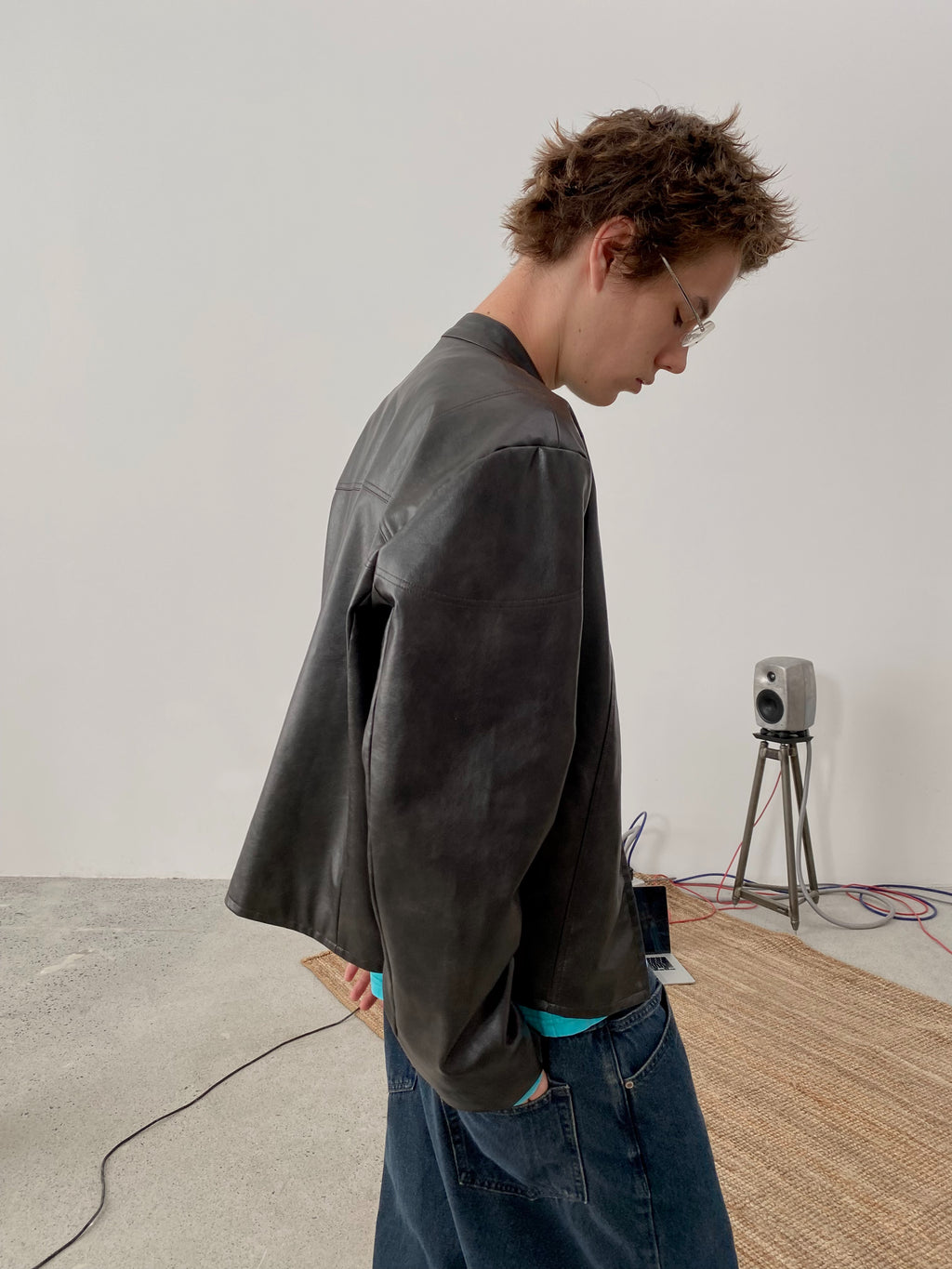 Deconstructed Cropped Faux Leather Biker Jacket