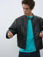 Deconstructed Cropped Faux Leather Biker Jacket