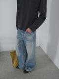 Whiskered Washed Wide Leg Jeans