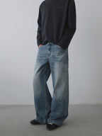 Whiskered Washed Wide Leg Jeans