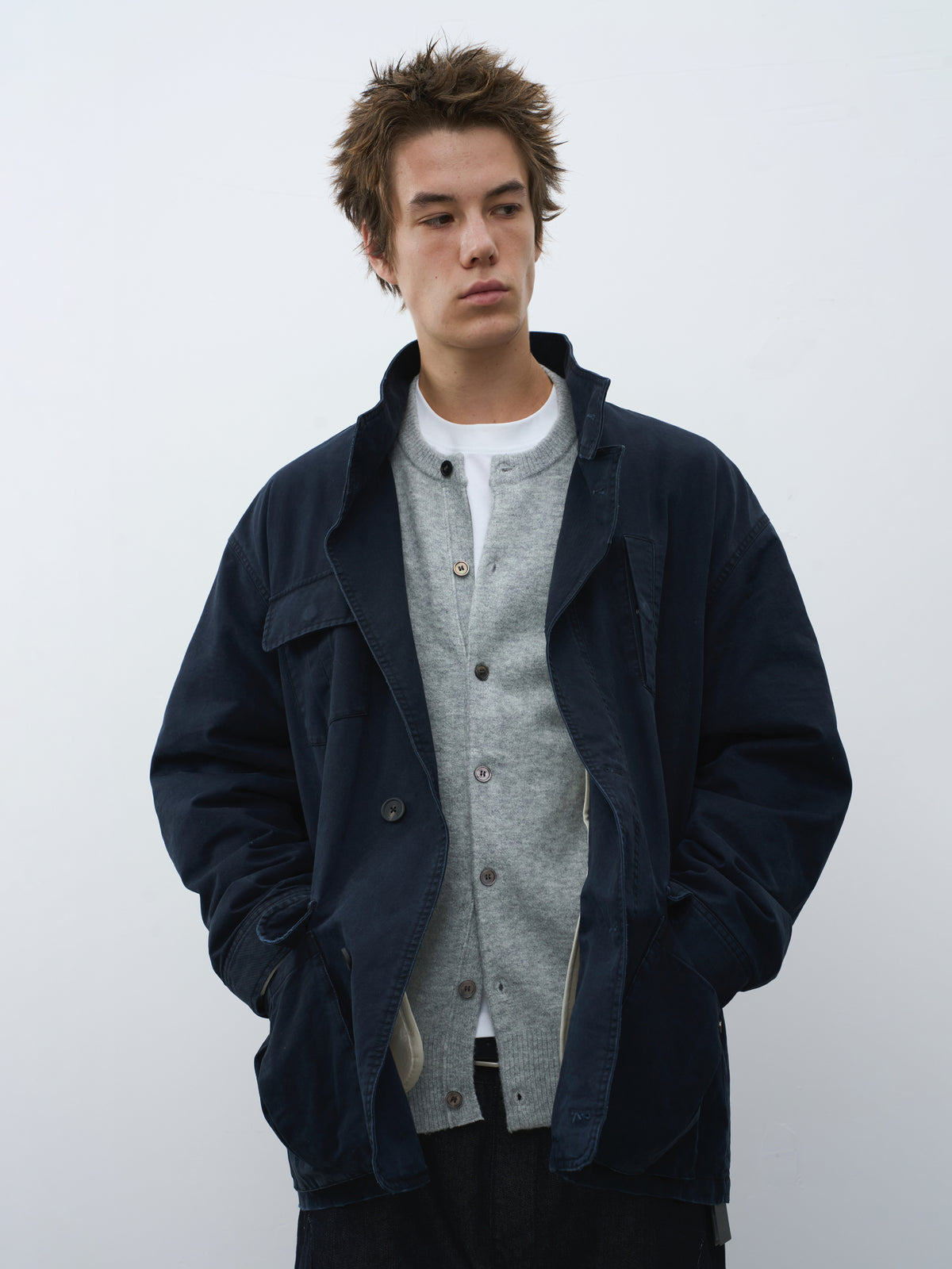 Washed Multi-Pocket Stand Collar Utility Jacket