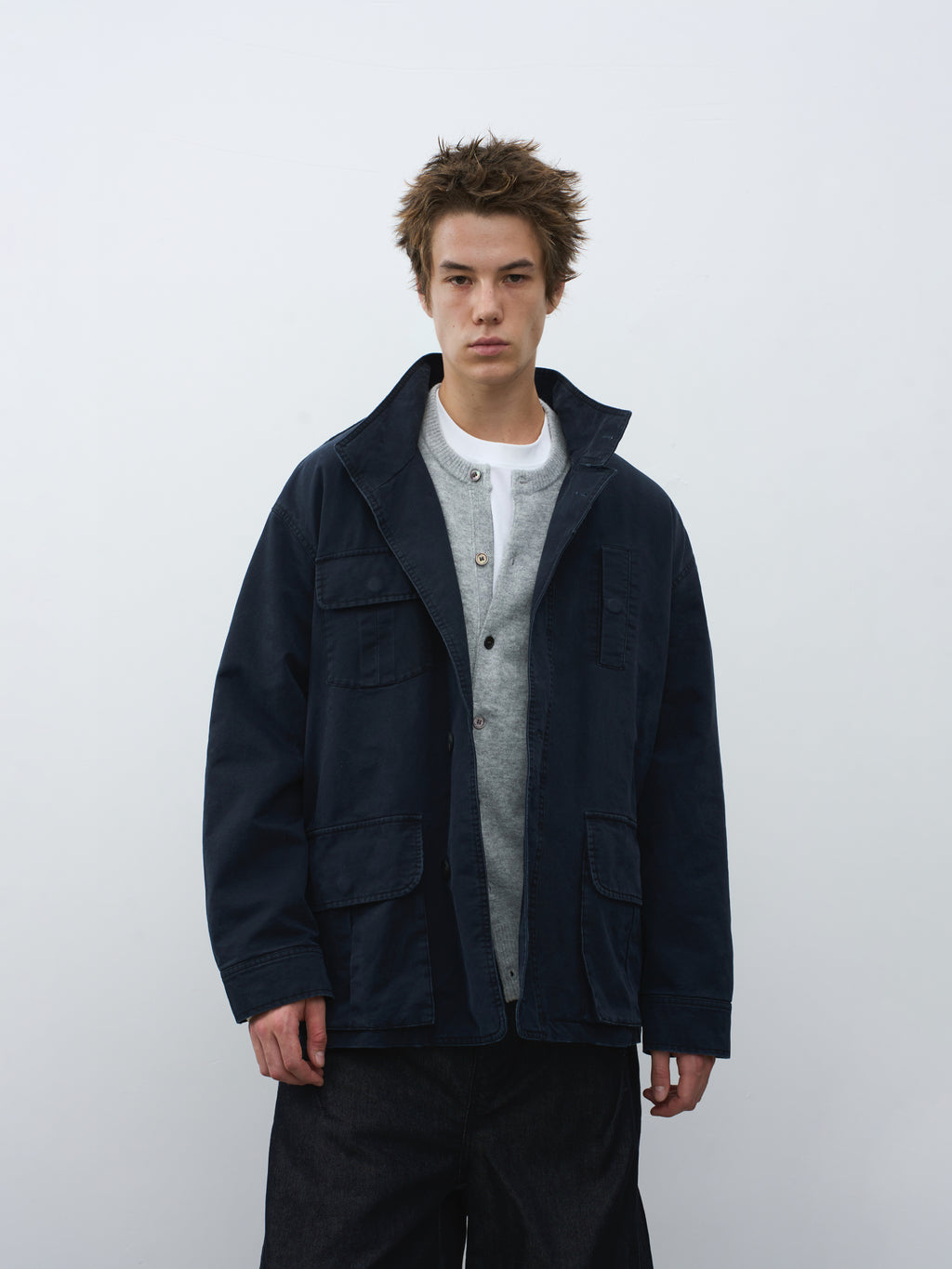 Washed Multi-Pocket Stand Collar Utility Jacket