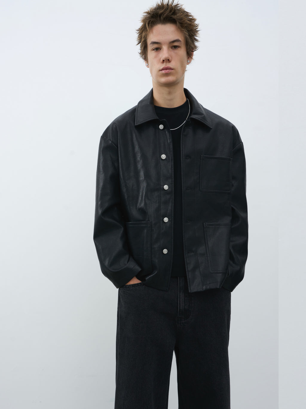 Multi-Pocket Faux Leather Utility Jacket