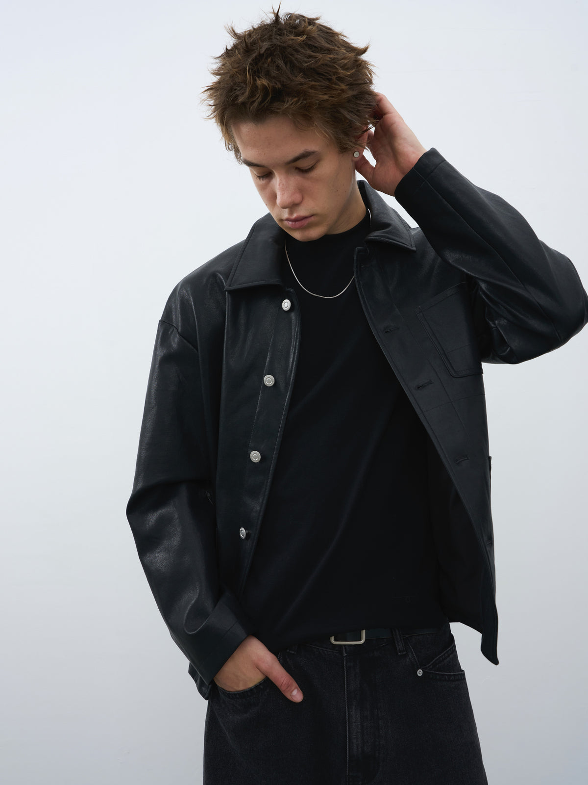 Multi-Pocket Faux Leather Utility Jacket