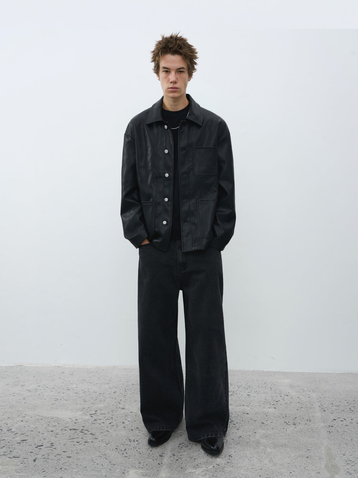Multi-Pocket Faux Leather Utility Jacket