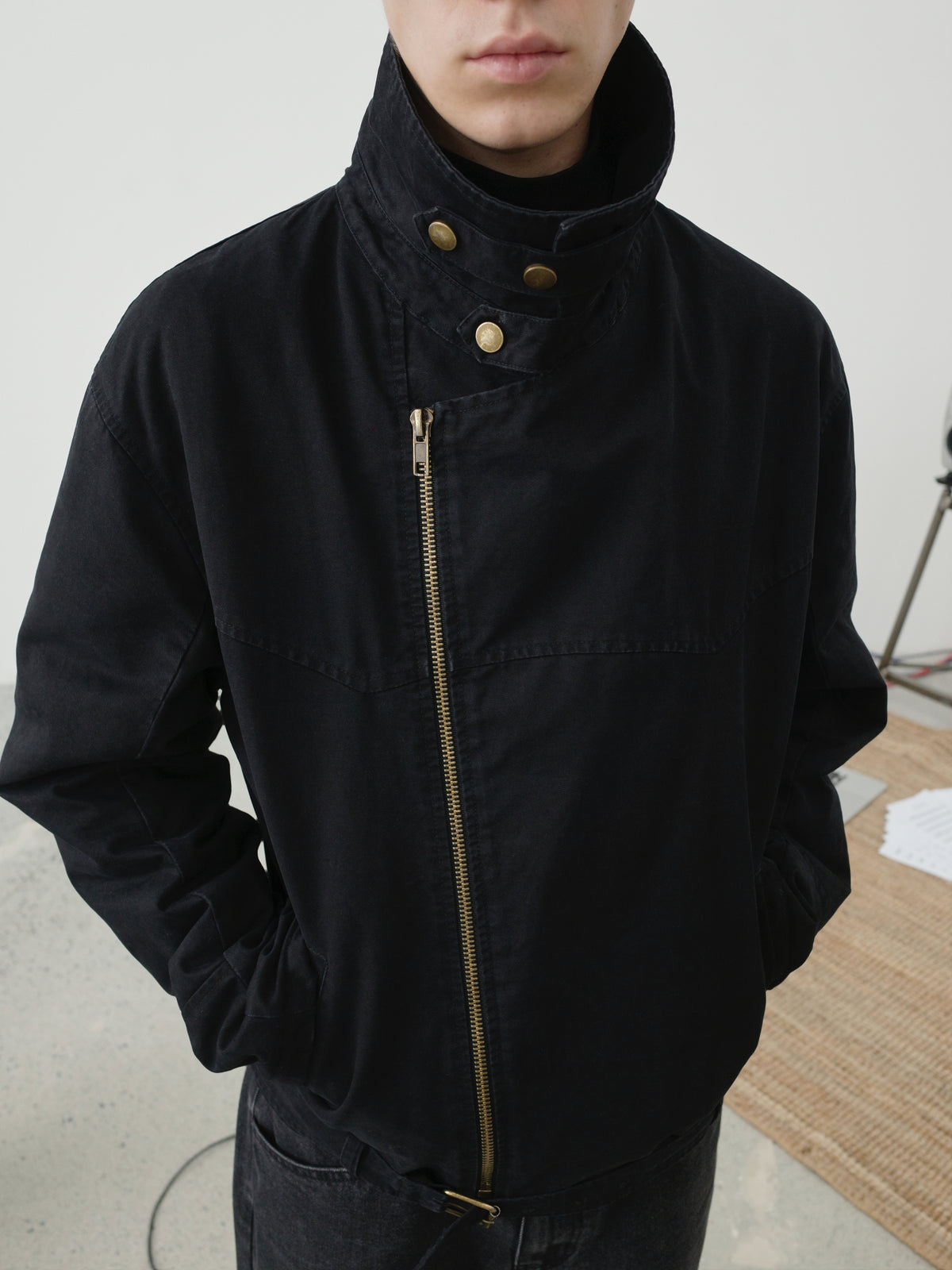Stand Collar Asymmetric Zip Biker Jacket
