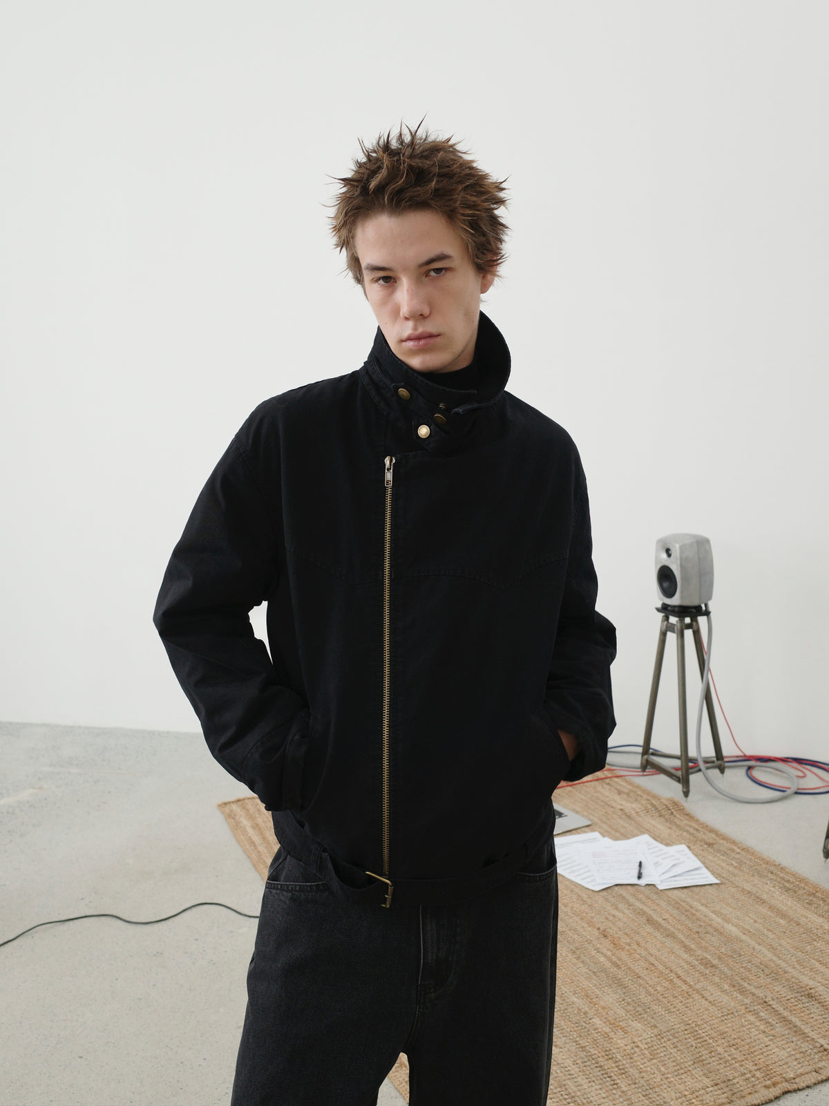 Stand Collar Asymmetric Zip Biker Jacket