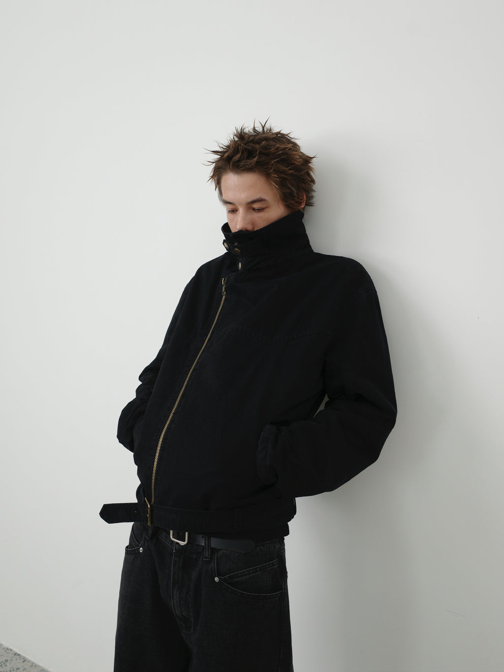 Stand Collar Asymmetric Zip Biker Jacket