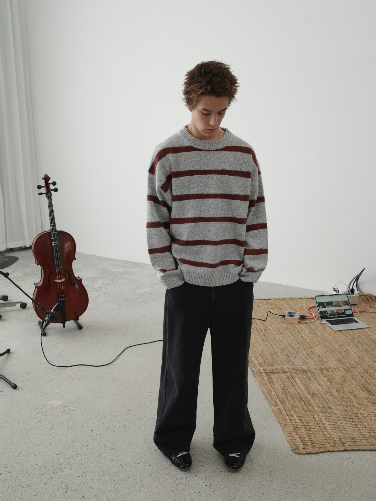 Wool-Blend Contrast Stripe Crewneck Sweater