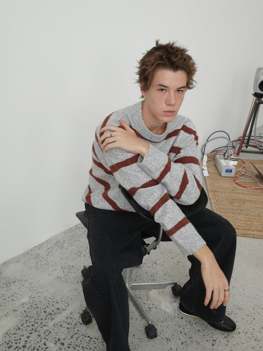 Wool-Blend Contrast Stripe Crewneck Sweater