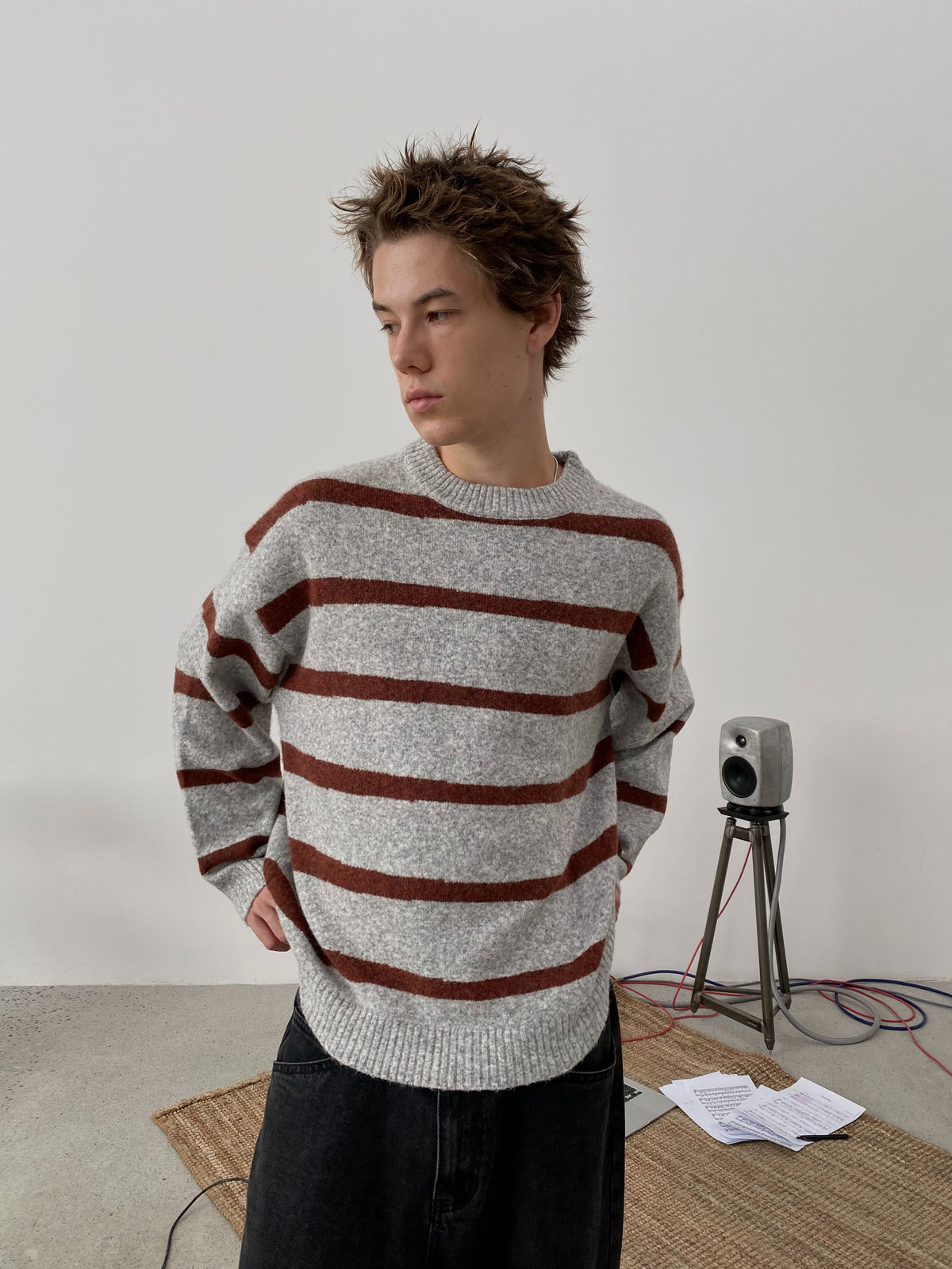 Wool-Blend Contrast Stripe Crewneck Sweater