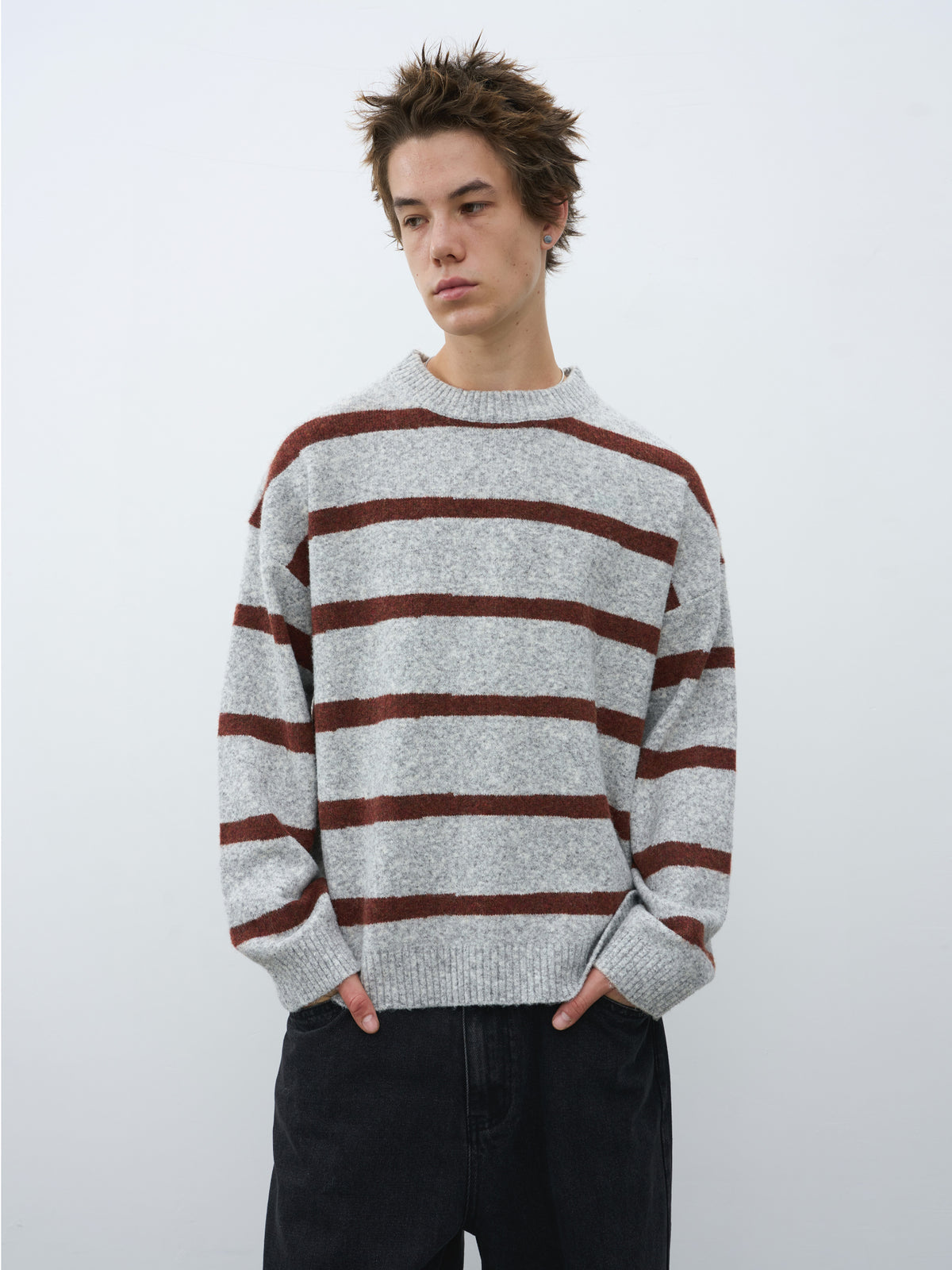 Wool-Blend Contrast Stripe Crewneck Sweater