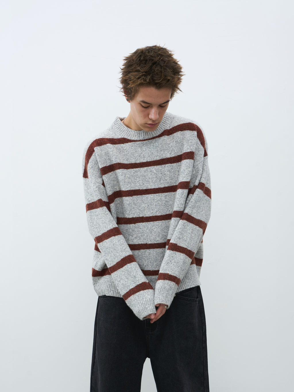 Wool-Blend Contrast Stripe Crewneck Sweater