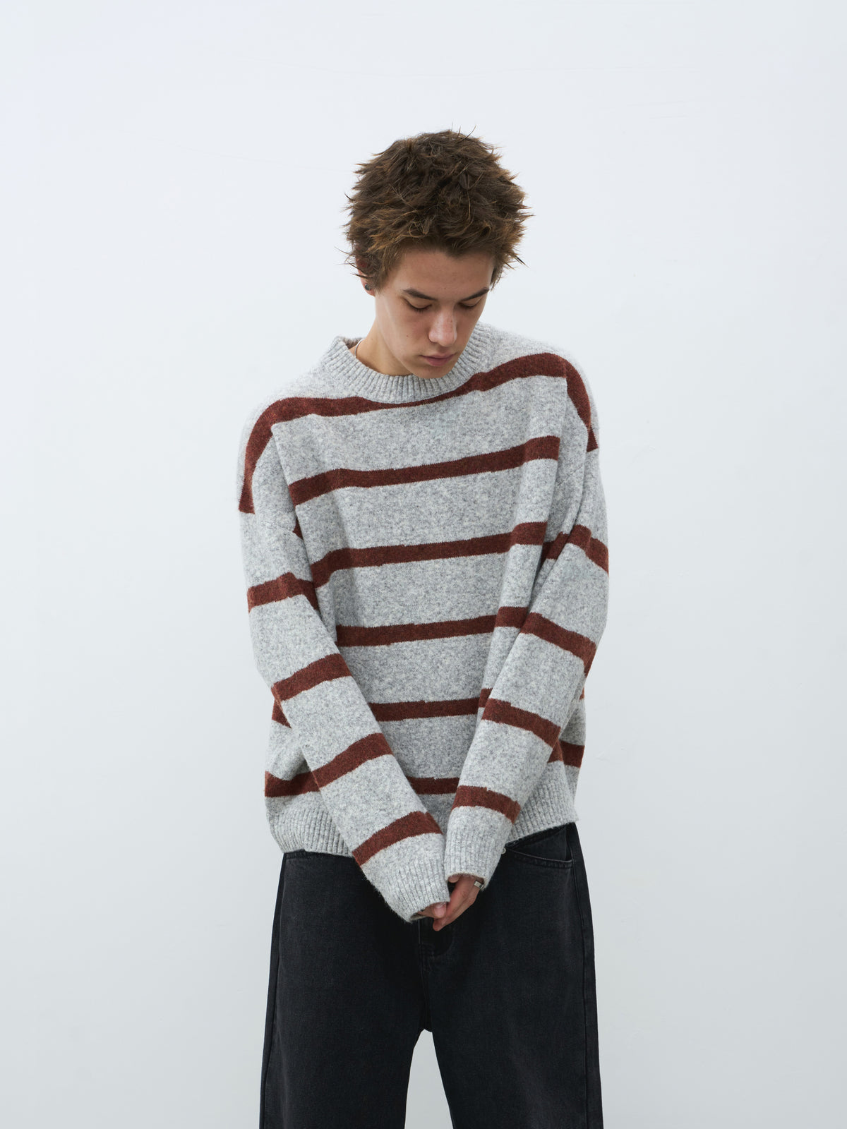 Wool-Blend Contrast Stripe Crewneck Sweater