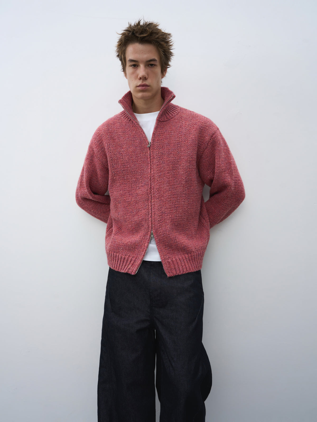 Wool-Blend Mock Neck Two-Way Zip Cardigan