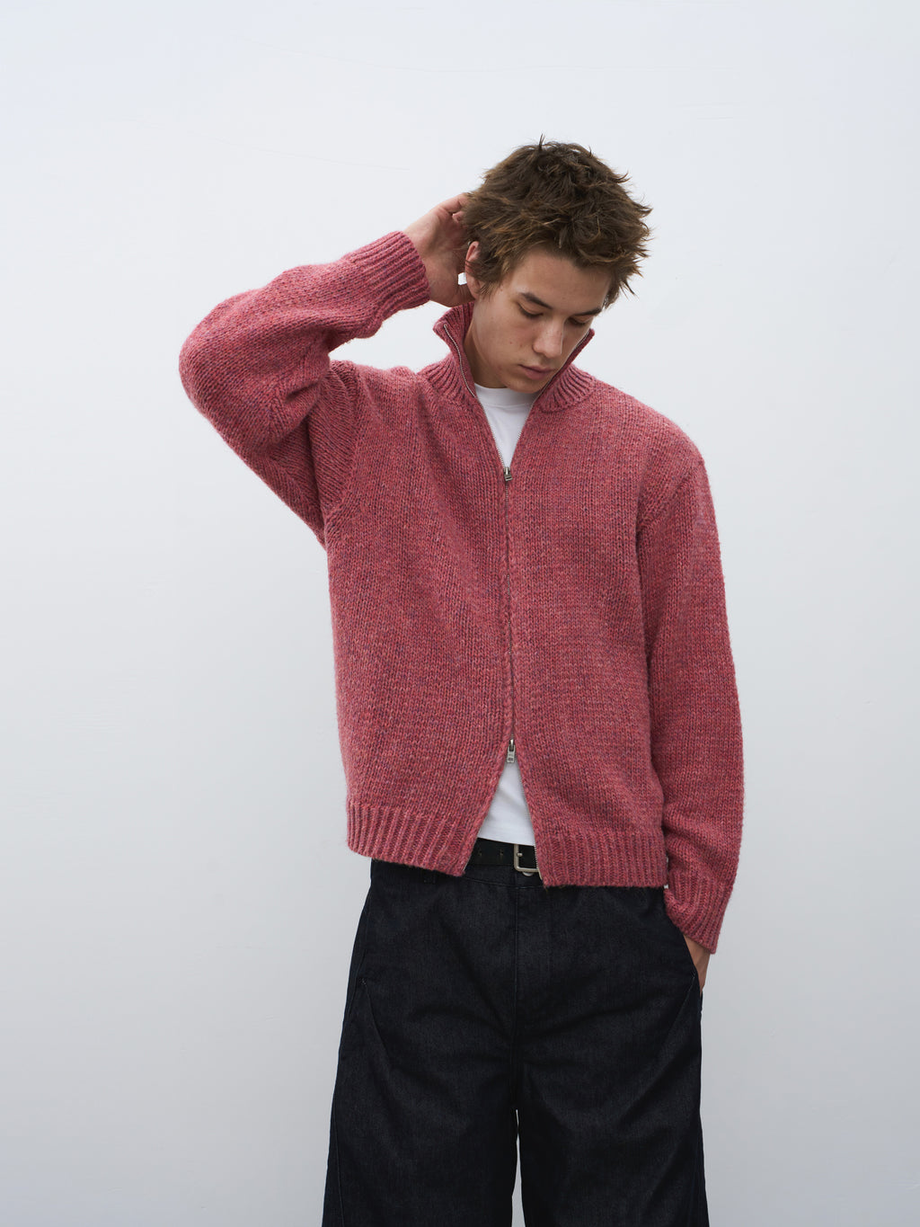 Wool-Blend Mock Neck Two-Way Zip Cardigan