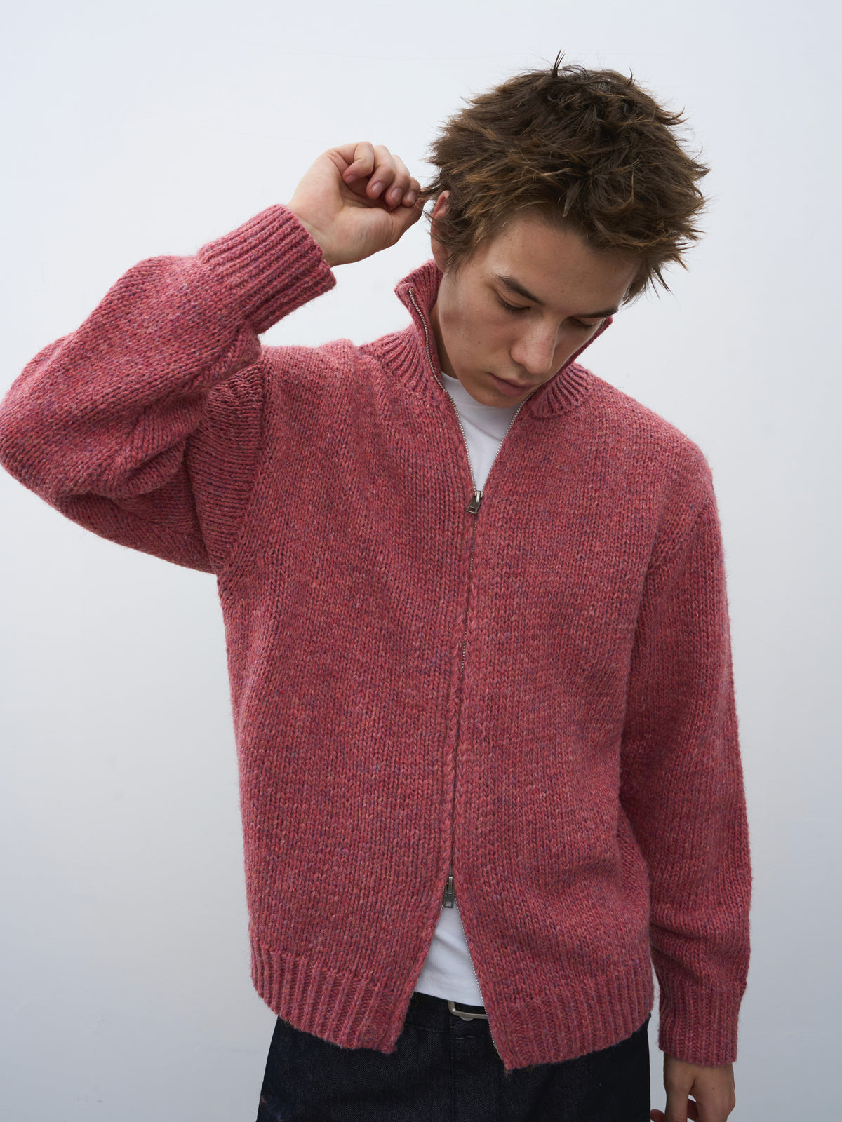 Wool-Blend Mock Neck Two-Way Zip Cardigan