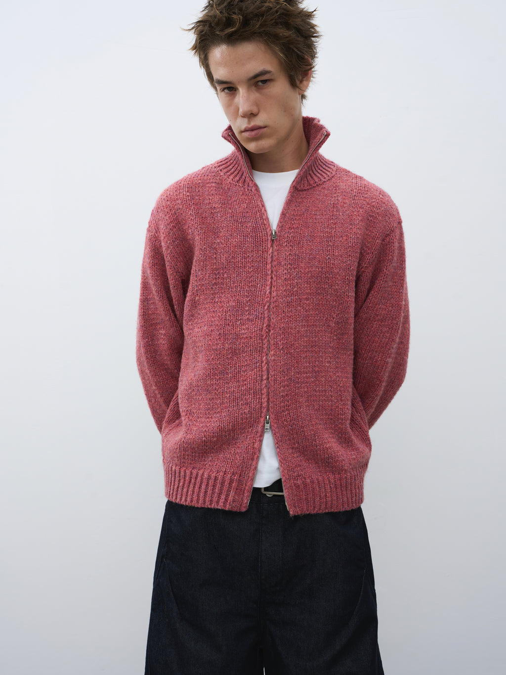 Wool-Blend Mock Neck Two-Way Zip Cardigan