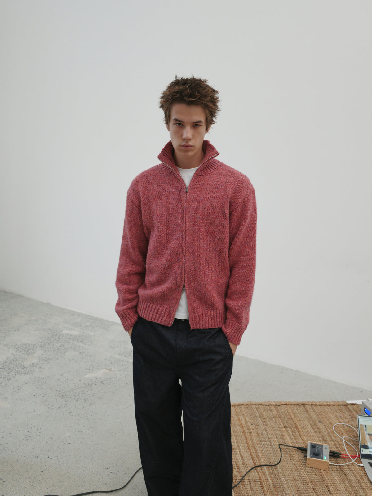 Wool-Blend Mock Neck Two-Way Zip Cardigan