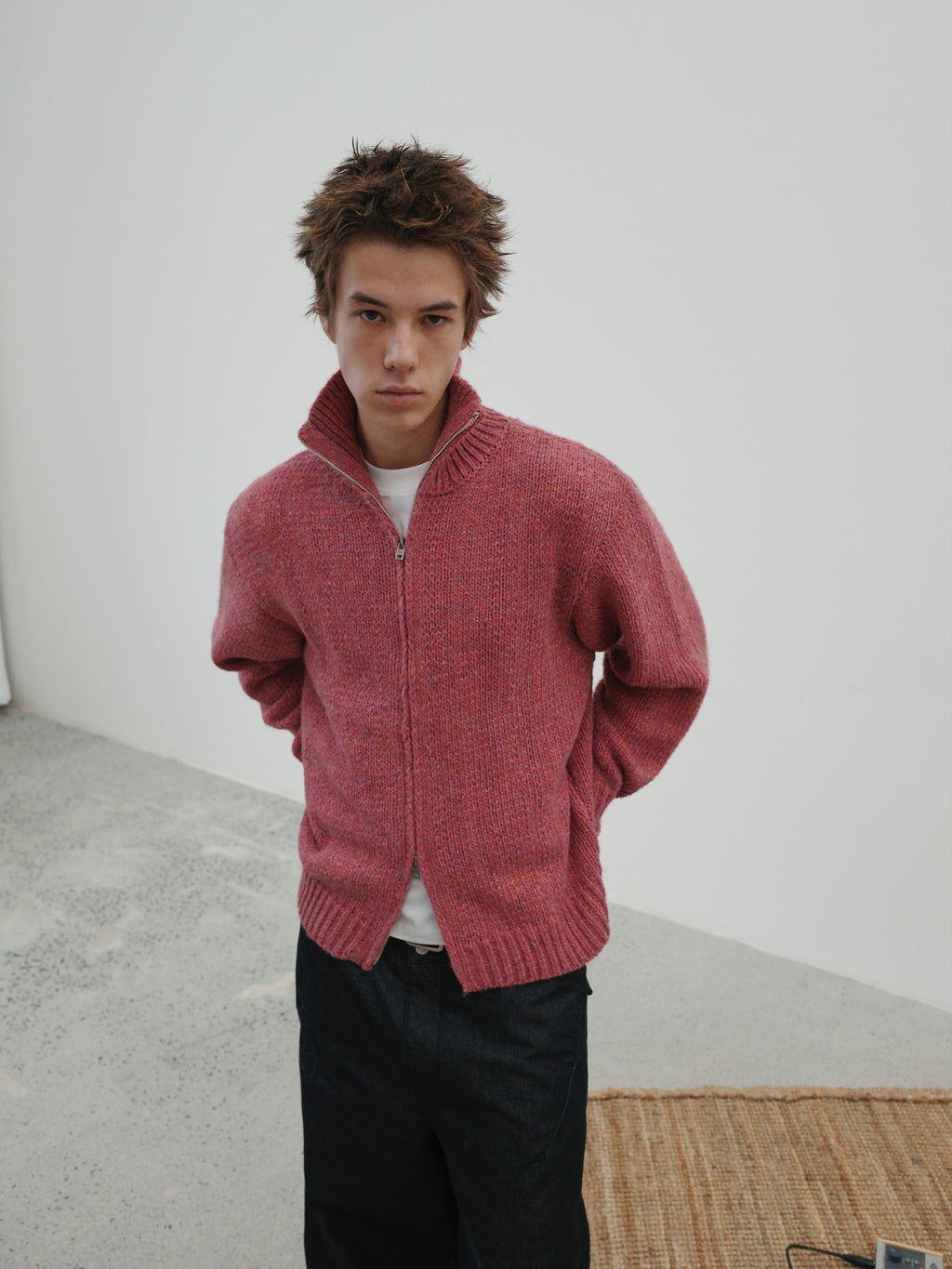 Wool-Blend Mock Neck Two-Way Zip Cardigan