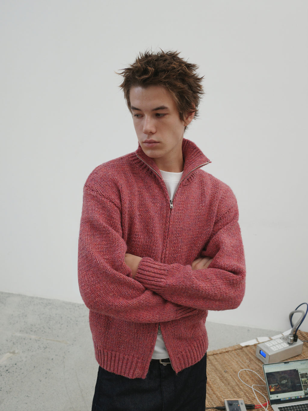 Wool-Blend Mock Neck Two-Way Zip Cardigan