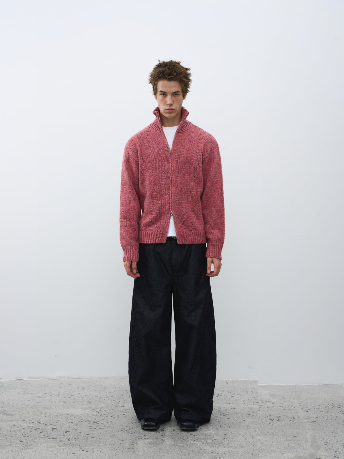 Wool-Blend Mock Neck Two-Way Zip Cardigan
