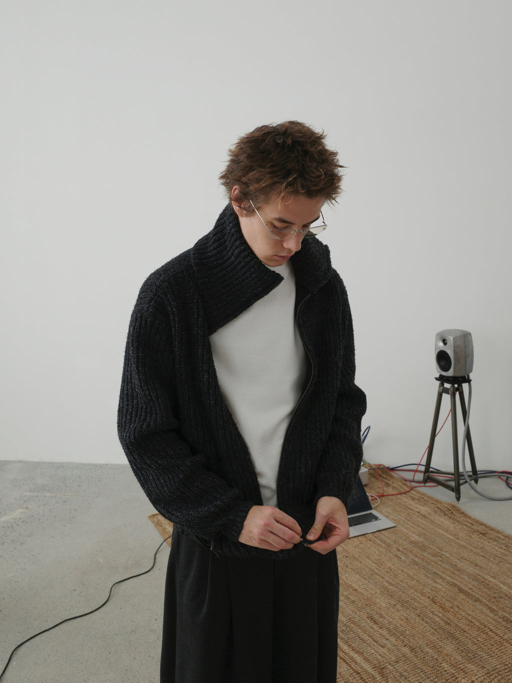 Textured Turtleneck Zip Knit Cardigan