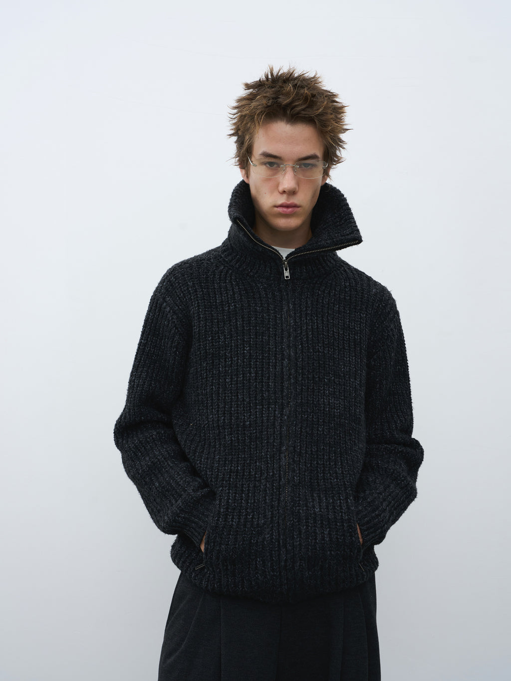 Textured Turtleneck Zip Knit Cardigan