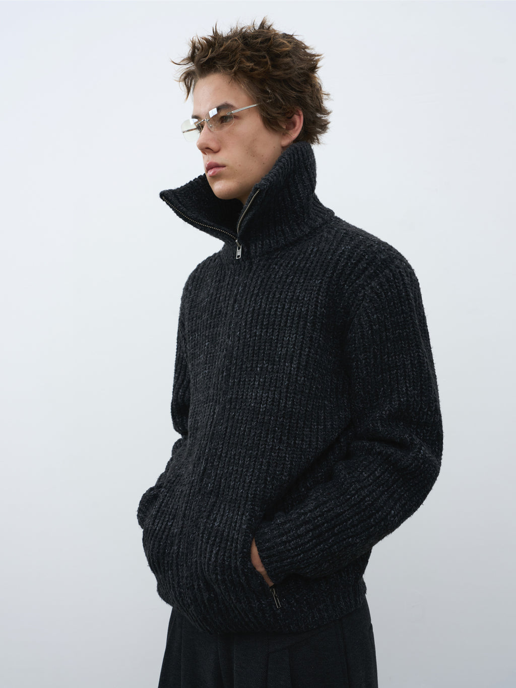 Textured Turtleneck Zip Knit Cardigan