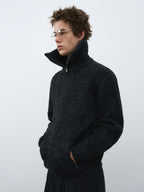 Textured Turtleneck Zip Knit Cardigan