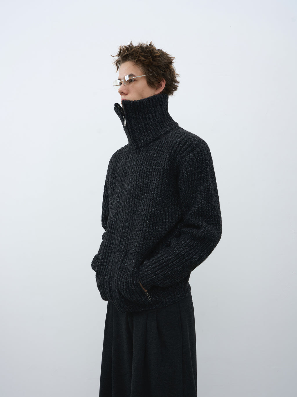 Textured Turtleneck Zip Knit Cardigan
