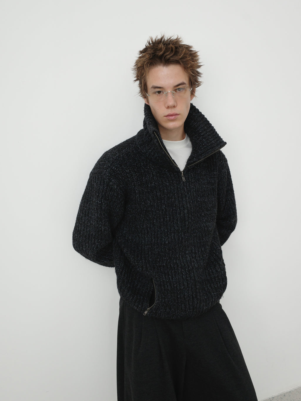 Textured Turtleneck Zip Knit Cardigan