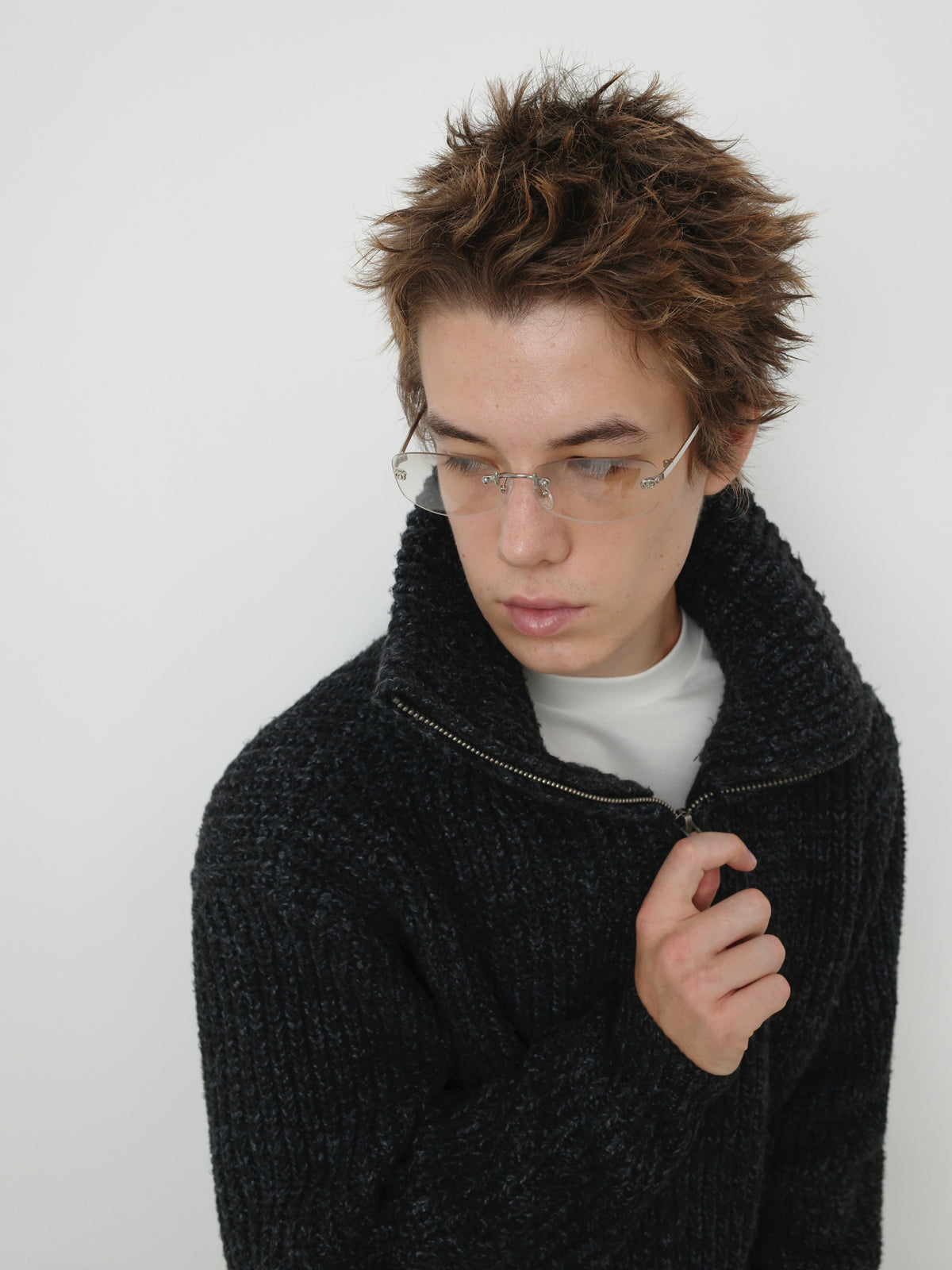 Textured Turtleneck Zip Knit Cardigan