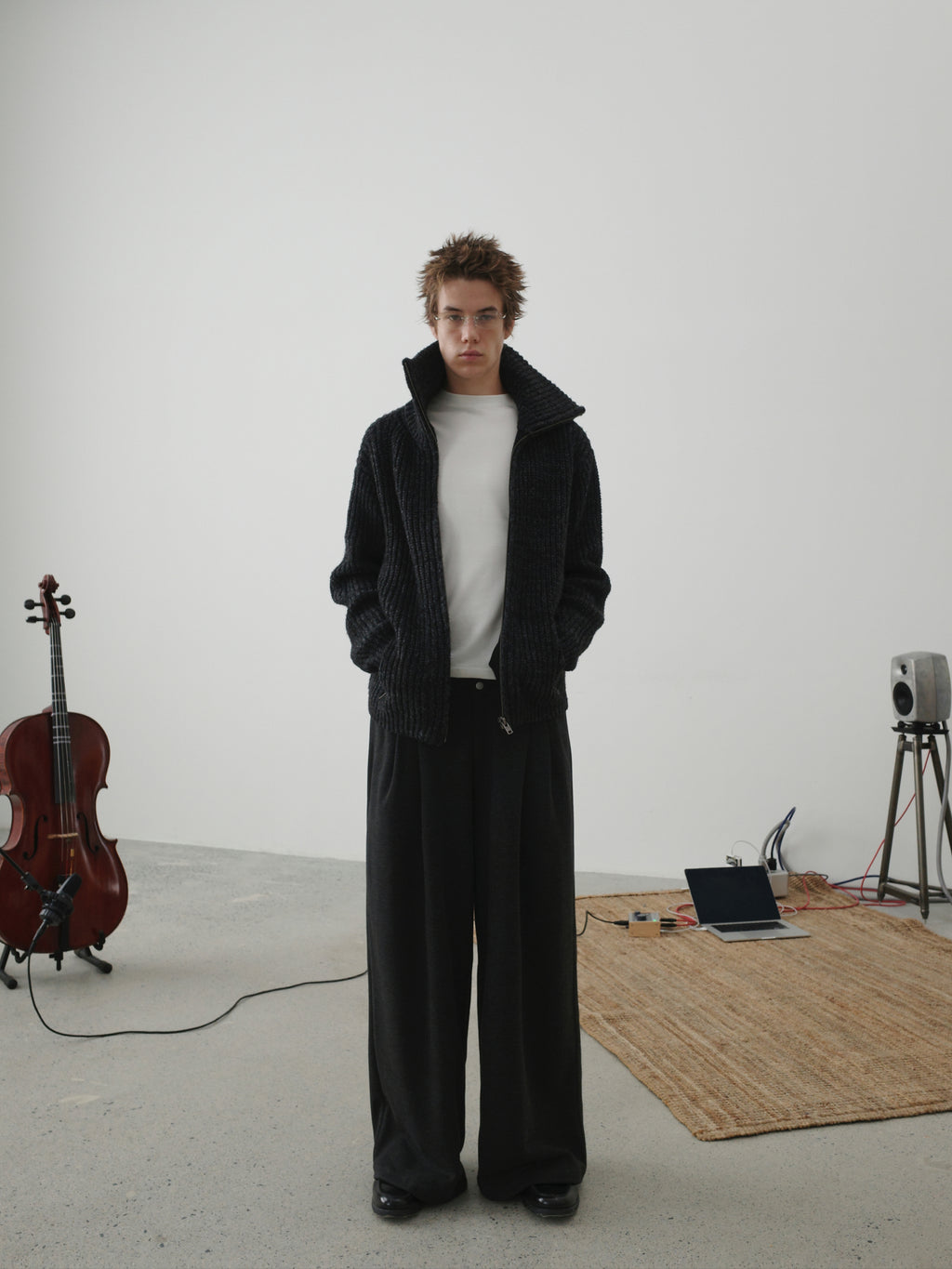 Textured Turtleneck Zip Knit Cardigan