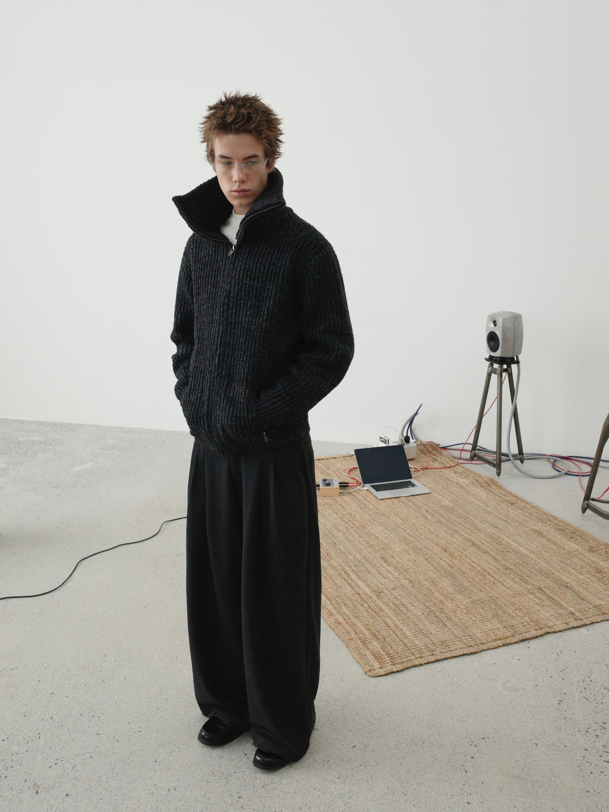Textured Turtleneck Zip Knit Cardigan
