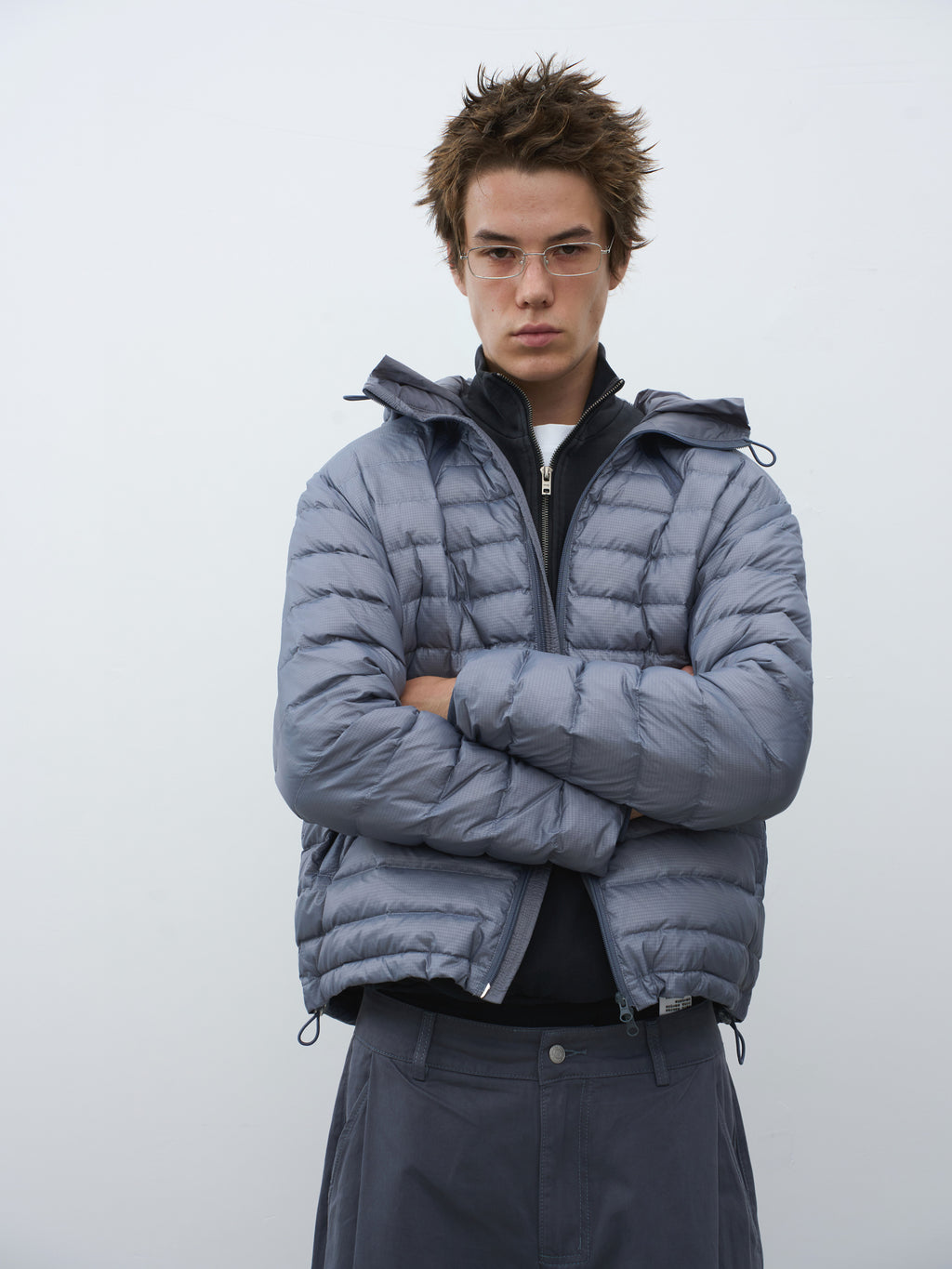 Micro-Check Triple-Zip Quilted Down Jacket
