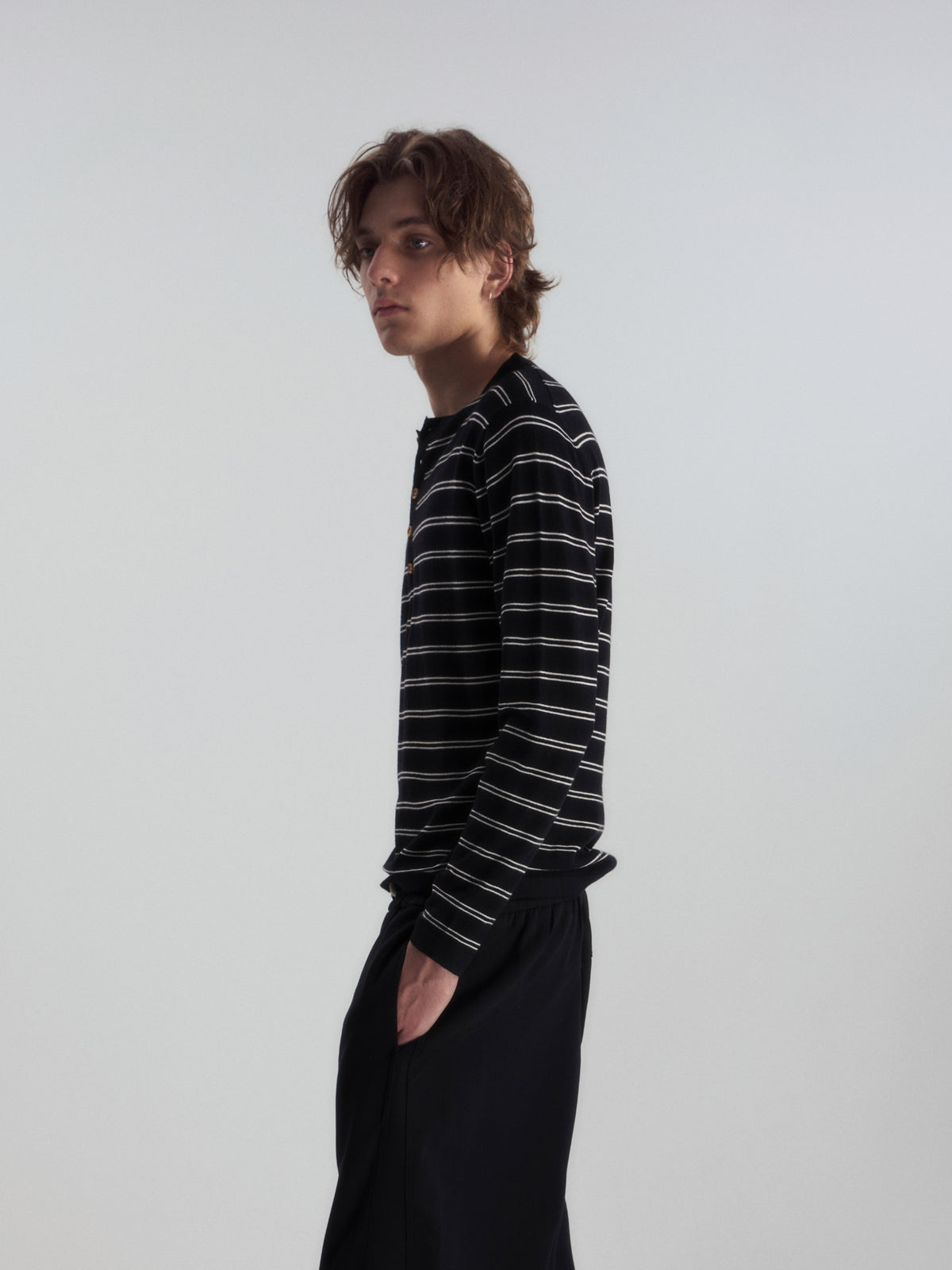 Wool-Blend Striped Henley Knit