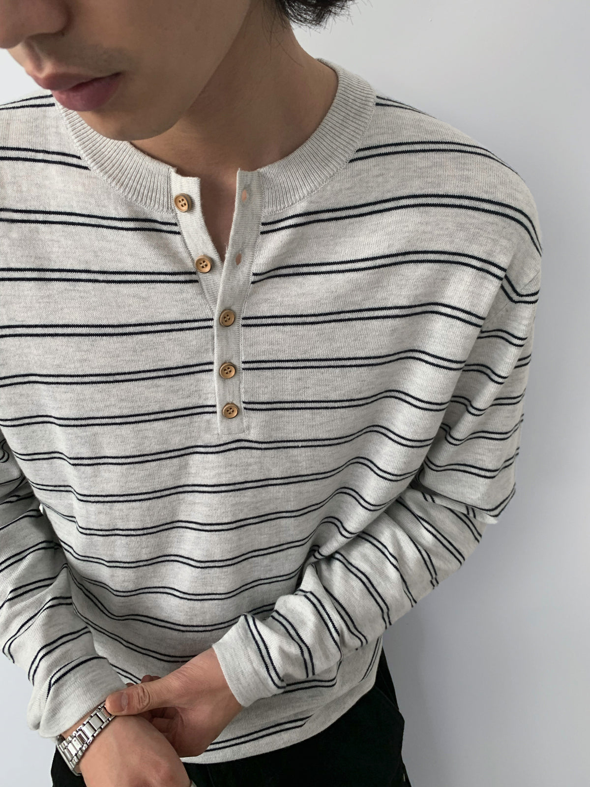 Wool-Blend Striped Henley Knit