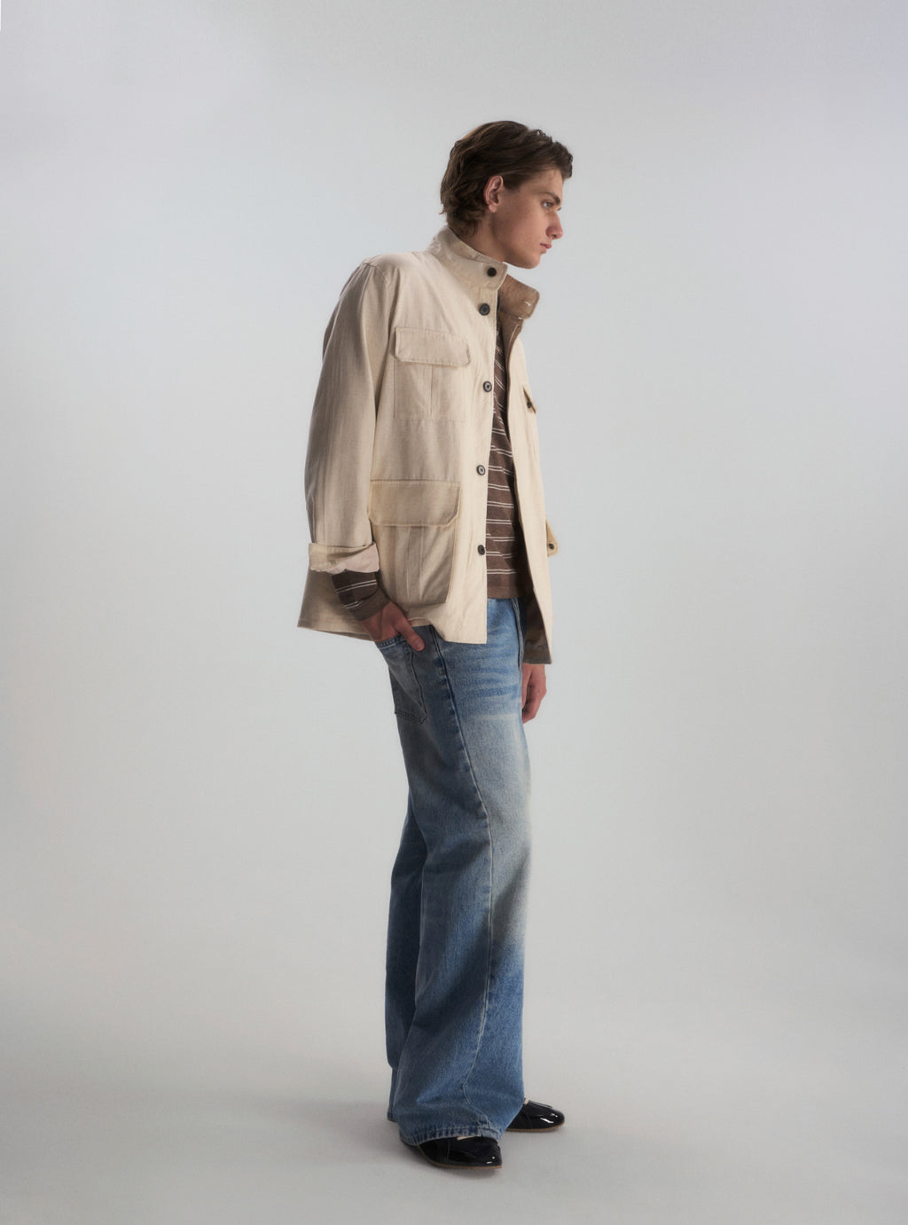 Lyocell Linen Stand Collar Cargo Jacket